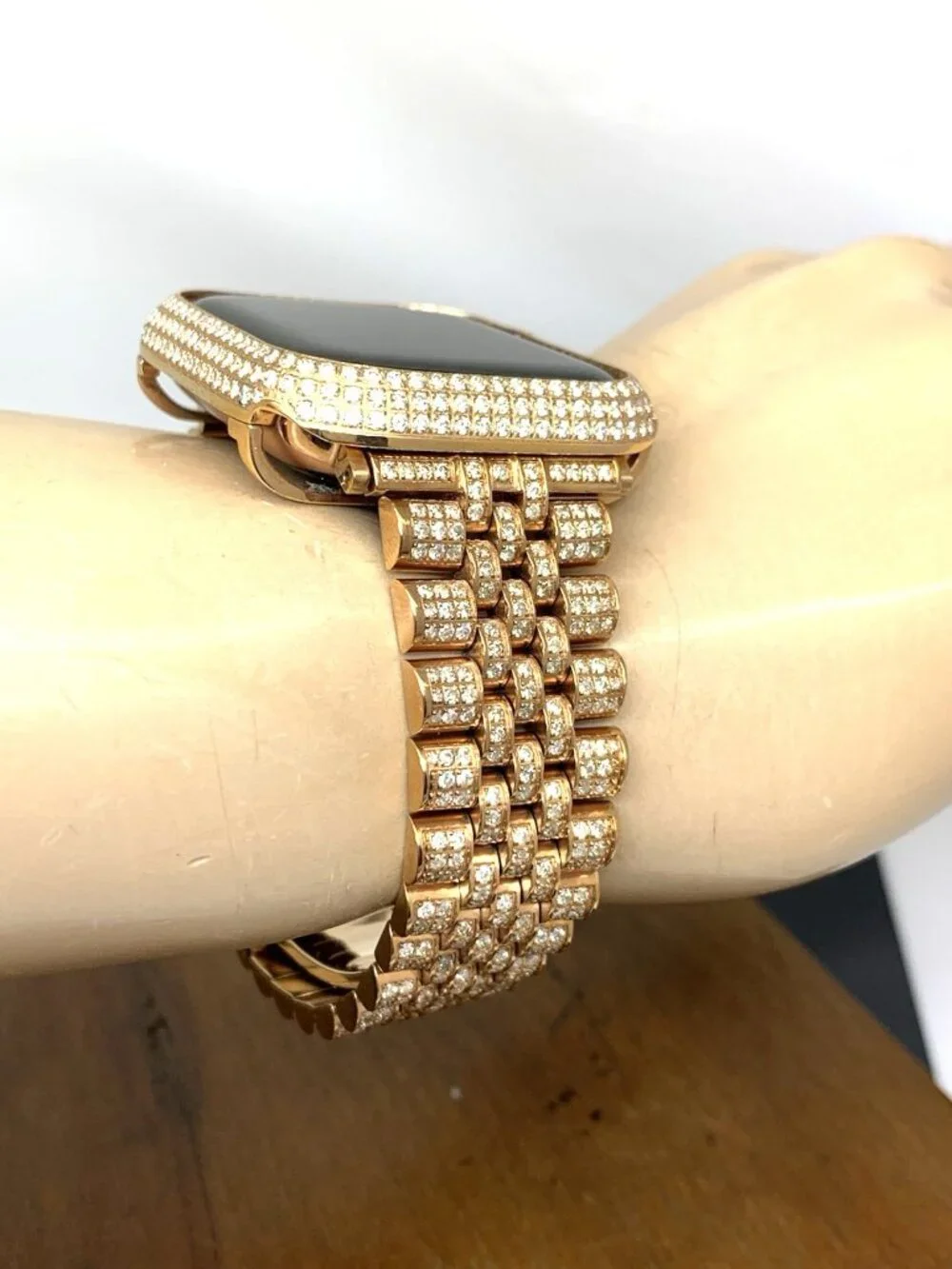 Apple Watch Series 5 Iced Out Real Diamonds Rose Gold Tone Stainless Steel Band